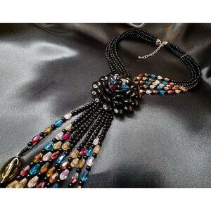 Vintage Large Style Black Beaded Crystal Statement Necklace With Multi-Color Dro